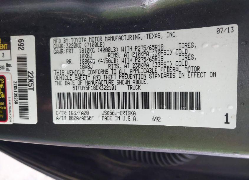 Photo 9 of 2013 Toyota Tundra DOUBLE CAB SR5 (VIN 5TFUY5F18DX322101)