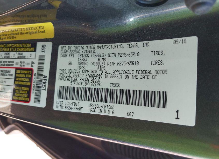 Photo 9 of 2019 Toyota Tundra SR5 5.7L V8 (VIN 5TFUY5F18KX789791)