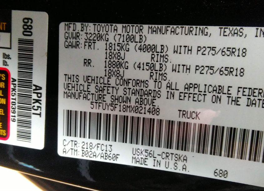 Photo 9 of 2021 Toyota Tundra SR5 (VIN 5TFUY5F18MX021408)