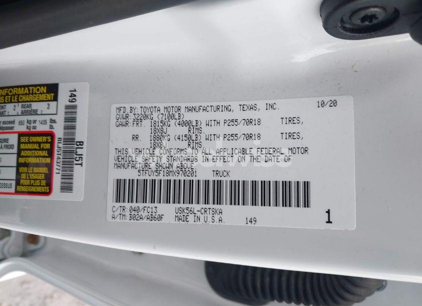 Photo 9 of 2021 Toyota Tundra SR5 (VIN 5TFUY5F18MX970201)