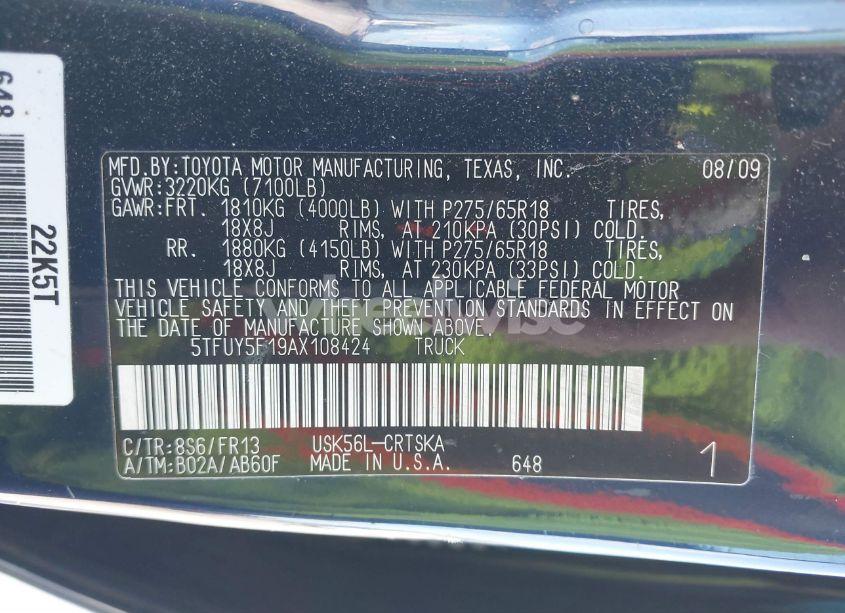 Photo 9 of 2010 Toyota Tundra GRADE 5.7L V8 (VIN 5TFUY5F19AX108424)