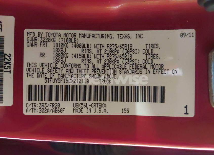 Photo 9 of 2012 Toyota Tundra GRADE 5.7L V8 (VIN 5TFUY5F19CX212110)