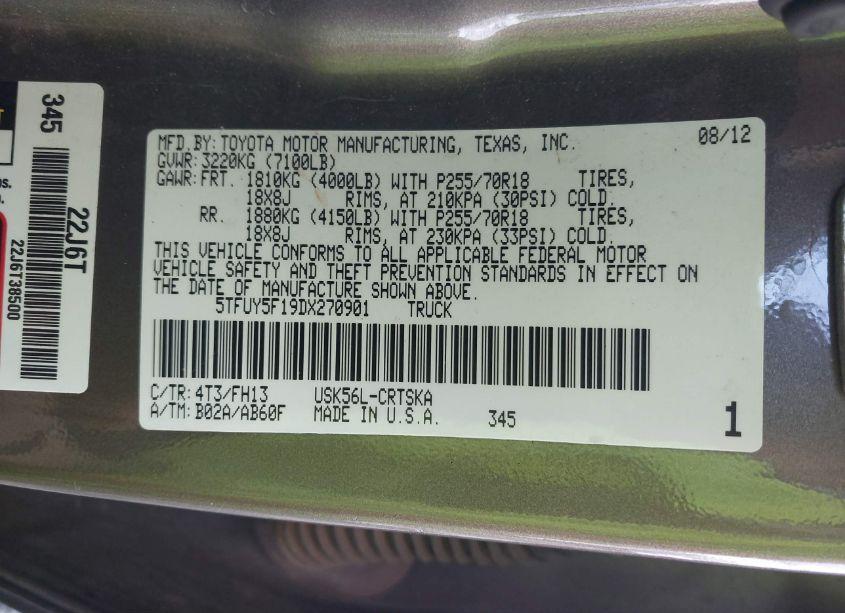 Photo 9 of 2013 Toyota Tundra GRADE 5.7L V8 (VIN 5TFUY5F19DX270901)