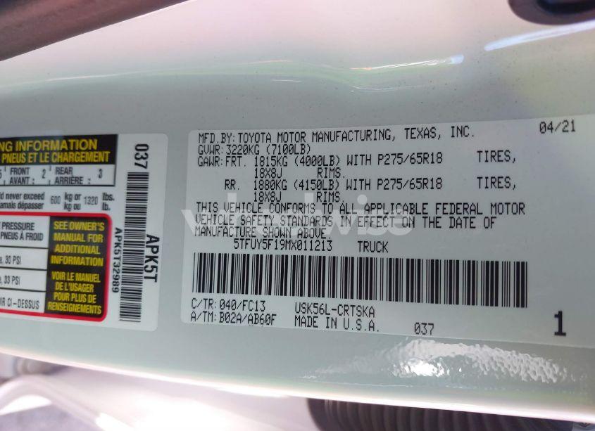 Photo 9 of 2021 Toyota Tundra SR5 (VIN 5TFUY5F19MX011213)