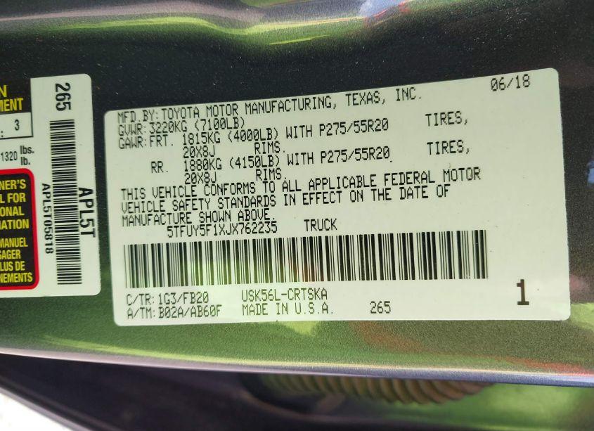 Photo 9 of 2018 Toyota Tundra SR5 5.7L V8 (VIN 5TFUY5F1XJX762235)