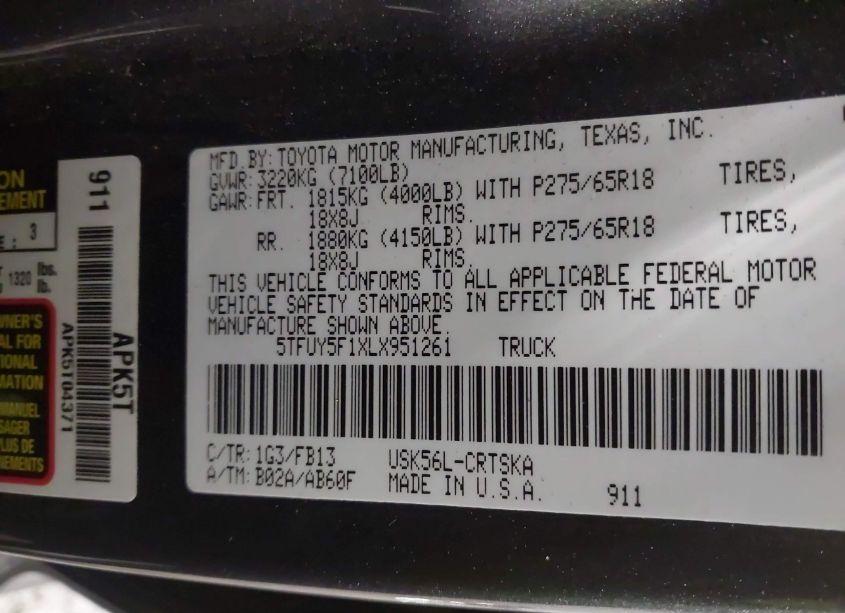 Photo 9 of 2020 Toyota Tundra SR5 (VIN 5TFUY5F1XLX951261)