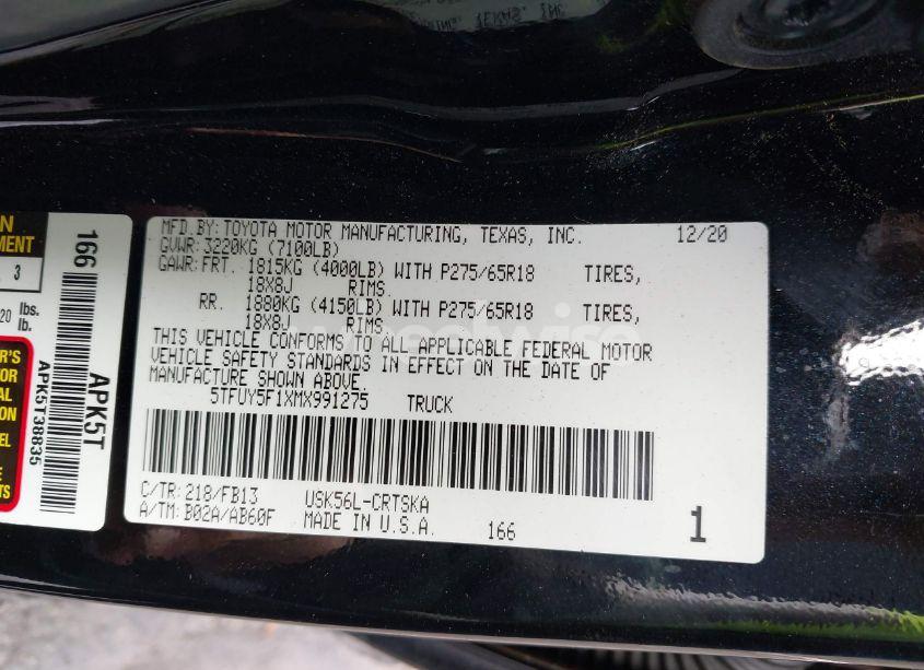 Photo 9 of 2021 Toyota Tundra SR5 (VIN 5TFUY5F1XMX991275)