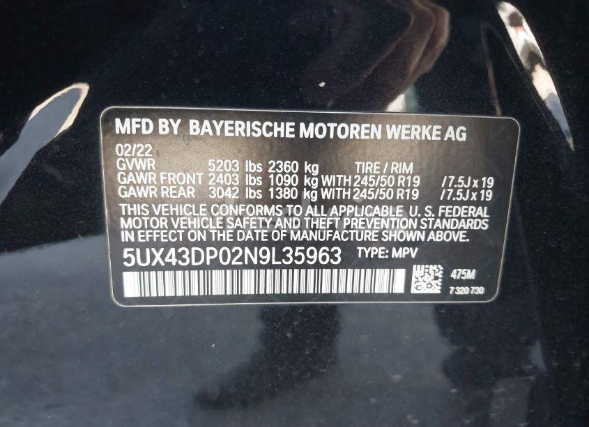 Photo 9 of 2022 Bmw X3 SDRIVE30I (VIN 5UX43DP02N9L35963)