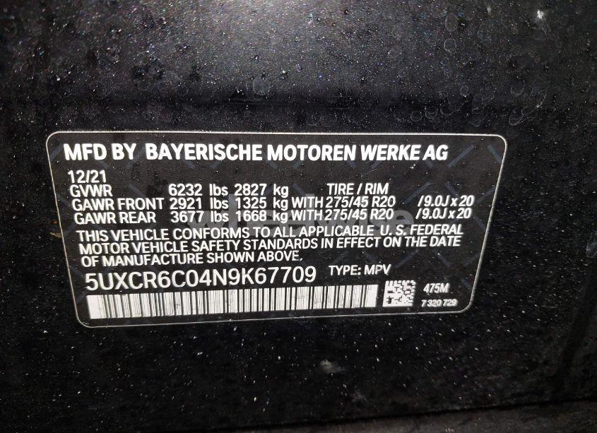 Photo 9 of 2022 Bmw X5 XDRIVE40I (VIN 5UXCR6C04N9K67709)