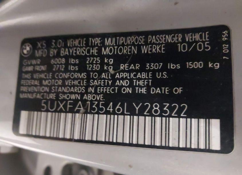 Photo 9 of 2006 Bmw X5 3.0I (VIN 5UXFA13546LY28322)