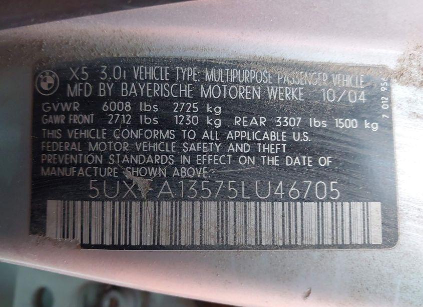 Photo 9 of 2005 Bmw X5 3.0I (VIN 5UXFA13575LU46705)
