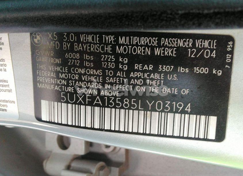 Photo 9 of 2005 Bmw X5 3.0I (VIN 5UXFA13585LY03194)