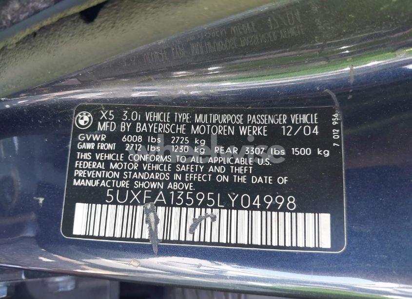 Photo 9 of 2005 Bmw X5 3.0I (VIN 5UXFA13595LY04998)