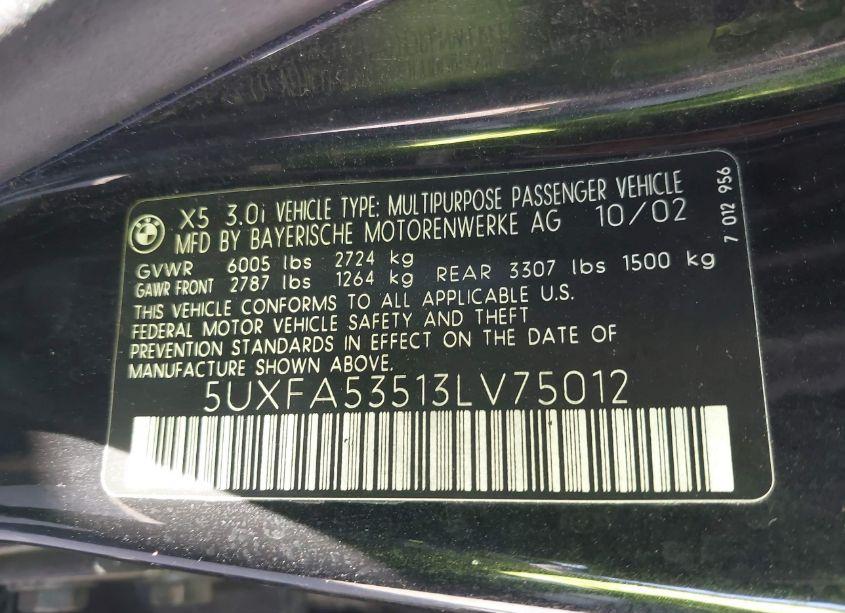 Photo 9 of 2003 Bmw X5 3.0I (VIN 5UXFA53513LV75012)