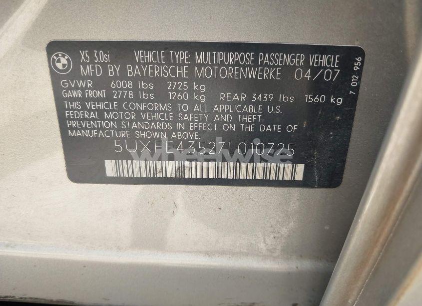 Photo 9 of 2007 Bmw X5 3.0SI (VIN 5UXFE43527L010725)