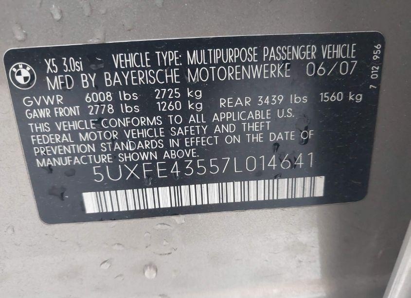 Photo 9 of 2007 Bmw X5 3.0SI (VIN 5UXFE43557L014641)