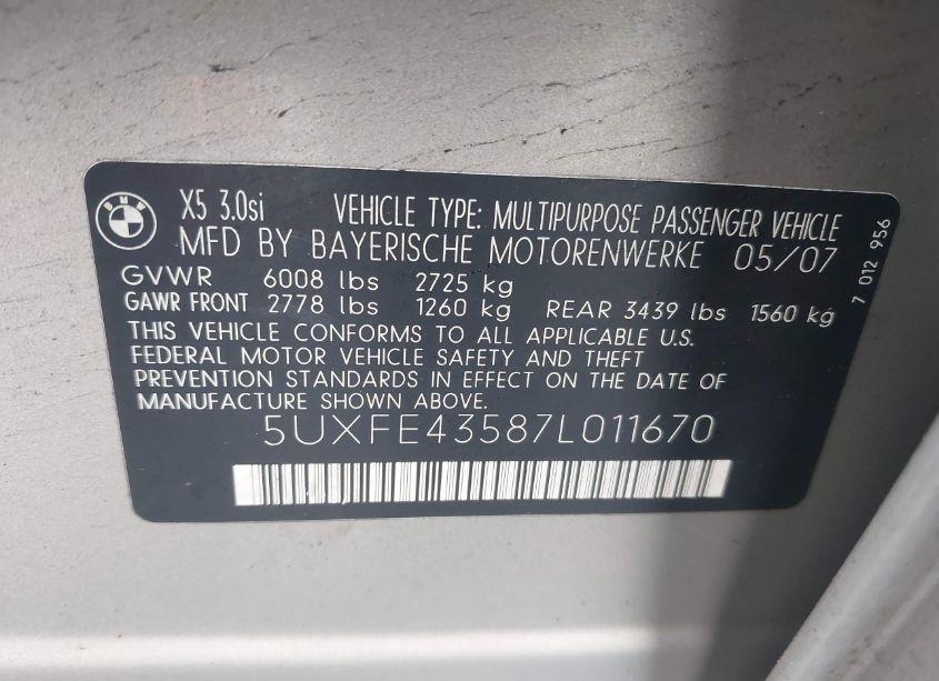 Photo 9 of 2007 Bmw X5 3.0SI (VIN 5UXFE43587L011670)