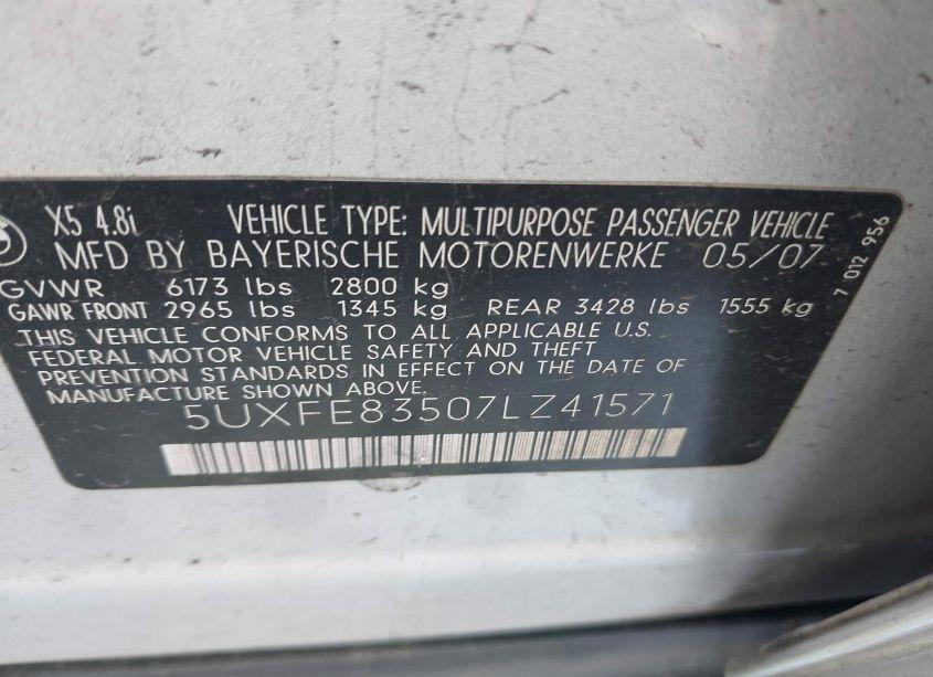 Photo 9 of 2007 Bmw X5 4.8I (VIN 5UXFE83507LZ41571)