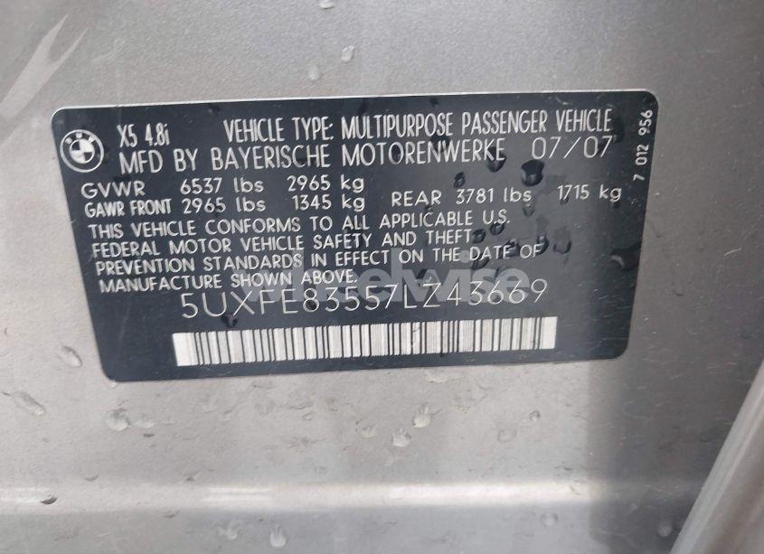 Photo 9 of 2007 Bmw X5 4.8I (VIN 5UXFE83557LZ43669)