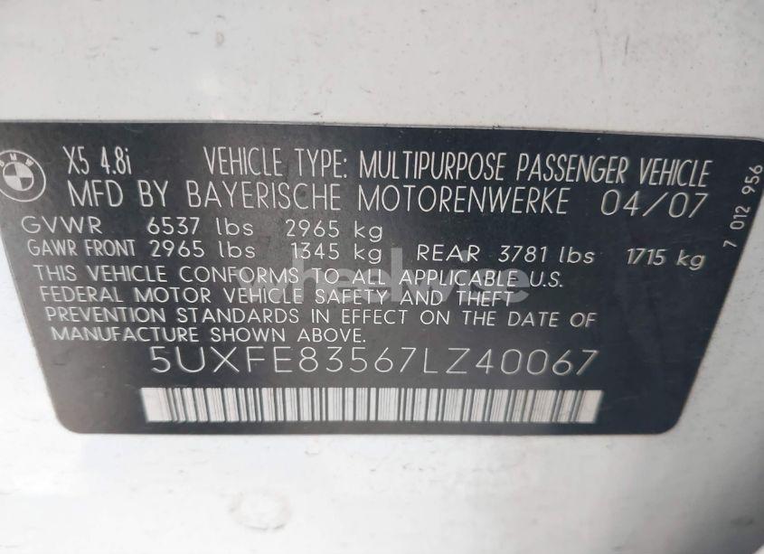 Photo 9 of 2007 Bmw X5 4.8I (VIN 5UXFE83567LZ40067)
