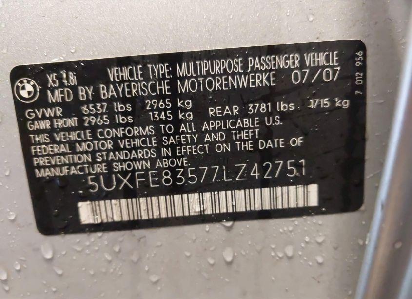 Photo 9 of 2007 Bmw X5 4.8I (VIN 5UXFE83577LZ42751)