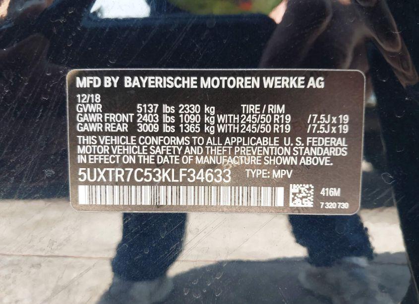 Photo 9 of 2019 Bmw X3 SDRIVE30I (VIN 5UXTR7C53KLF34633)