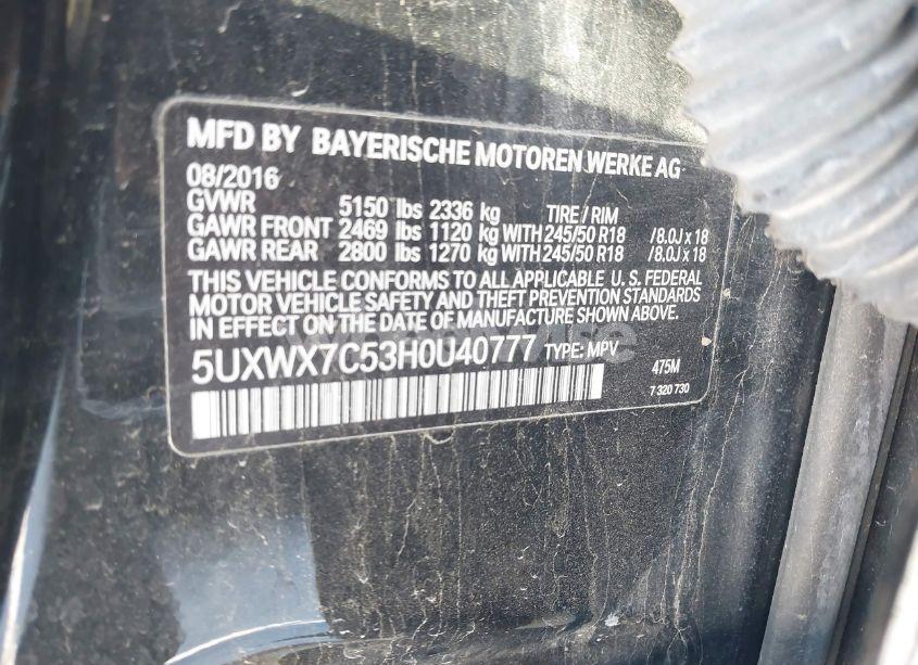 Photo 7 of 2017 Bmw X3 XDRIVE35I (VIN 5UXWX7C53H0U40777)