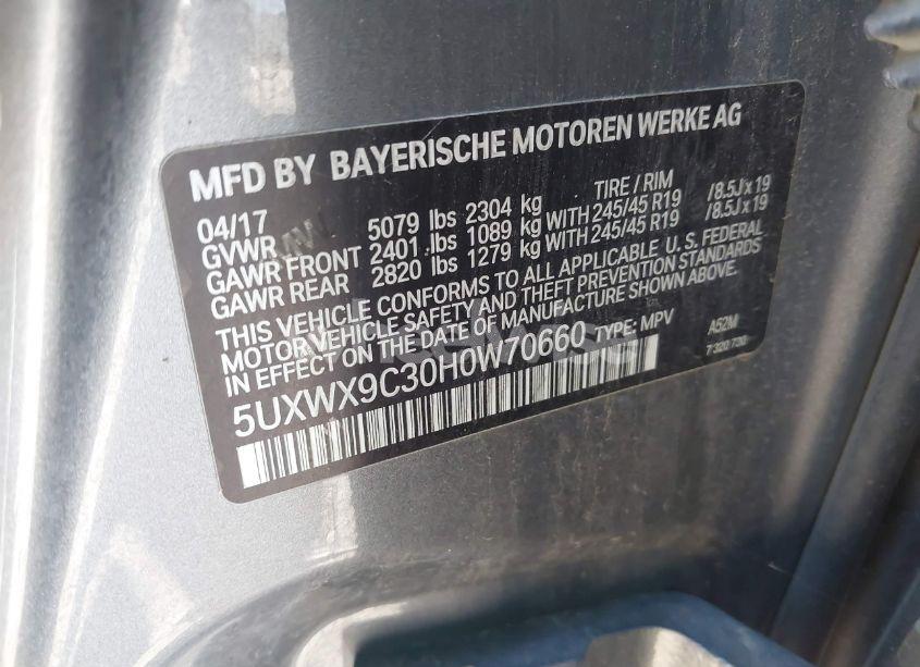 Photo 9 of 2017 Bmw X3 XDRIVE28I (VIN 5UXWX9C30H0W70660)