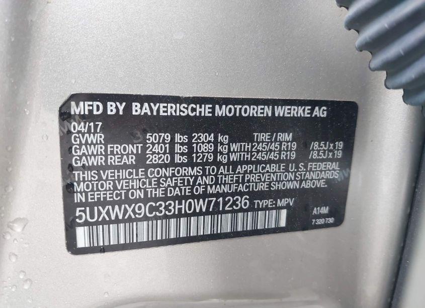 Photo 9 of 2017 Bmw X3 XDRIVE28I (VIN 5UXWX9C33H0W71236)