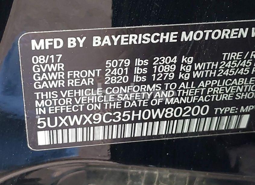 Photo 9 of 2017 Bmw X3 XDRIVE28I (VIN 5UXWX9C35H0W80200)