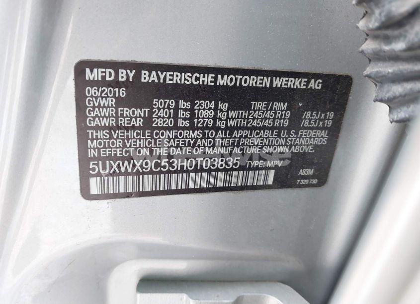 Photo 9 of 2017 Bmw X3 XDRIVE28I (VIN 5UXWX9C53H0T03835)