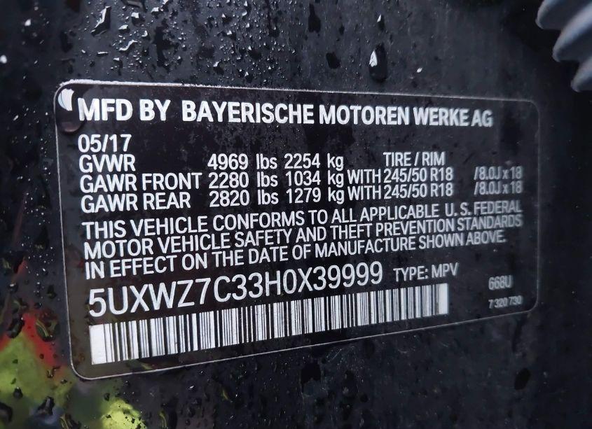 Photo 9 of 2017 Bmw X3 SDRIVE28I (VIN 5UXWZ7C33H0X39999)