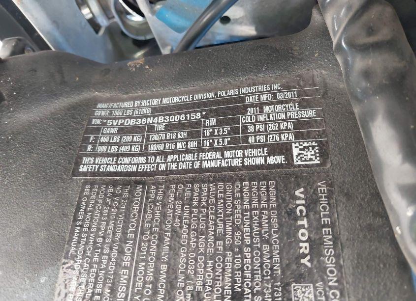 Photo 10 of 2011 Victory Motorcycles CROSS COUNTRY STANDARD (VIN 5VPDB36N4B3006158)