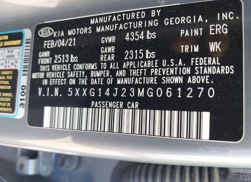 Photo 9 of 2021 Kia K5 LXS (VIN 5XXG14J23MG061270)