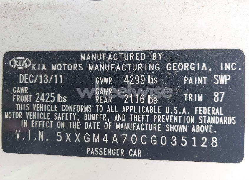 Photo 9 of 2012 Kia Optima LX (VIN 5XXGM4A70CG035128)