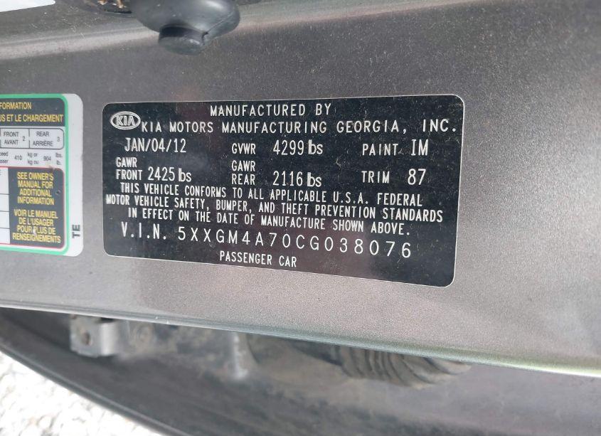 Photo 9 of 2012 Kia Optima LX (VIN 5XXGM4A70CG038076)