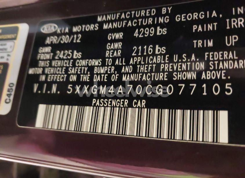 Photo 9 of 2012 Kia Optima LX (VIN 5XXGM4A70CG077105)