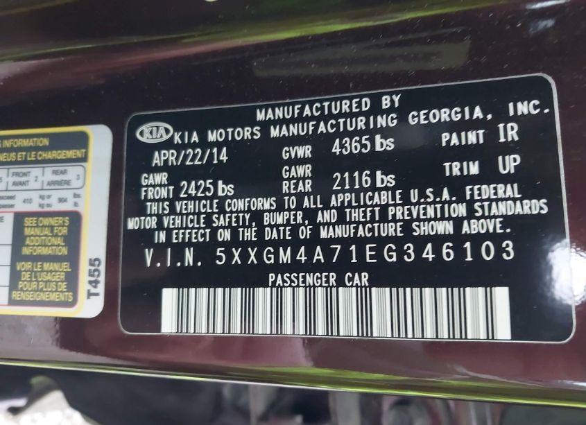 Photo 9 of 2014 Kia Optima LX (VIN 5XXGM4A71EG346103)