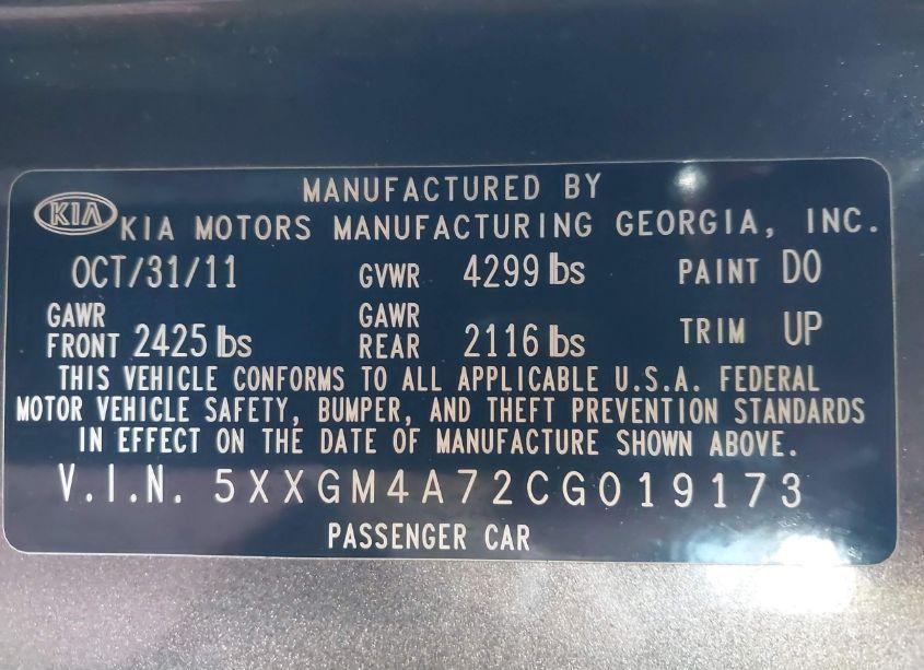 Photo 9 of 2012 Kia Optima LX (VIN 5XXGM4A72CG019173)