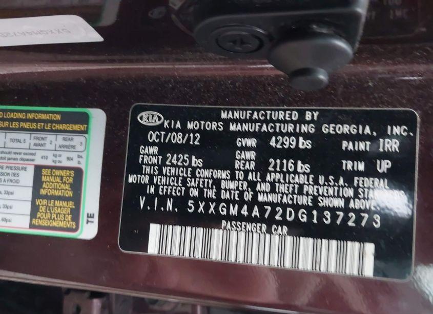 Photo 9 of 2013 Kia Optima LX (VIN 5XXGM4A72DG137273)