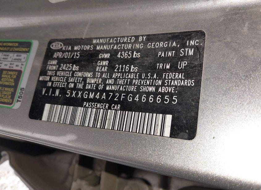 Photo 9 of 2015 Kia Optima LX (VIN 5XXGM4A72FG466655)