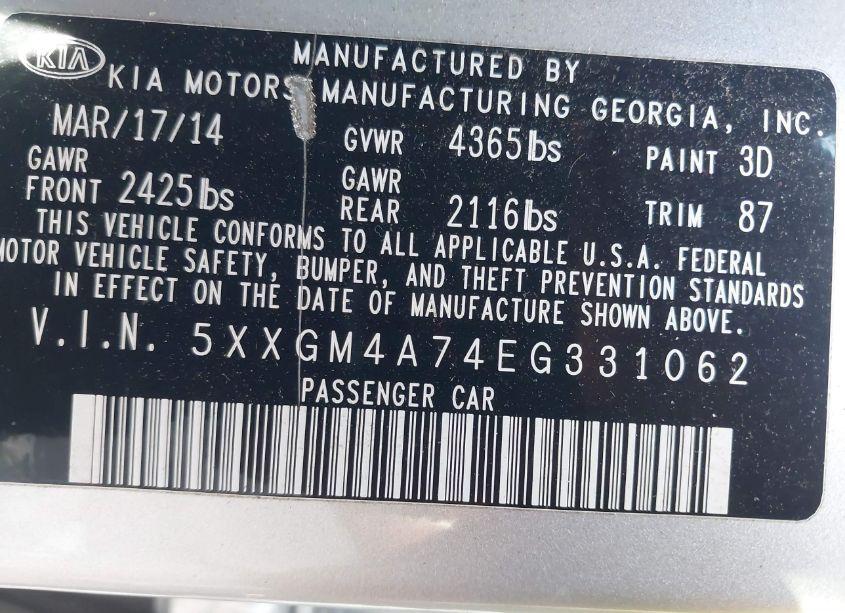 Photo 9 of 2014 Kia Optima LX (VIN 5XXGM4A74EG331062)