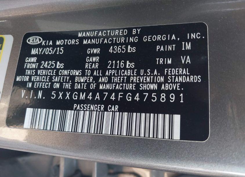 Photo 9 of 2015 Kia Optima LX (VIN 5XXGM4A74FG475891)
