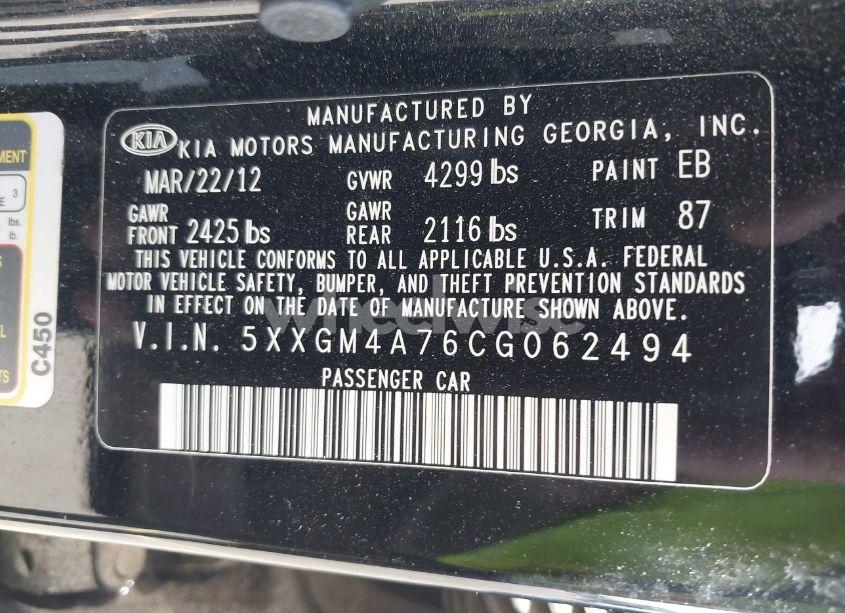 Photo 9 of 2012 Kia Optima LX (VIN 5XXGM4A76CG062494)