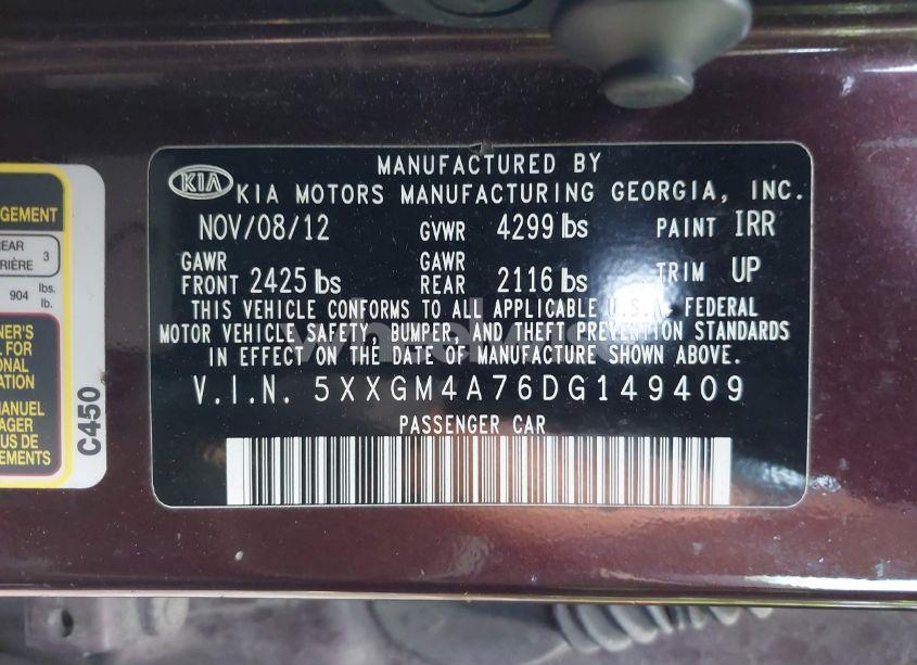 Photo 9 of 2013 Kia Optima LX (VIN 5XXGM4A76DG149409)