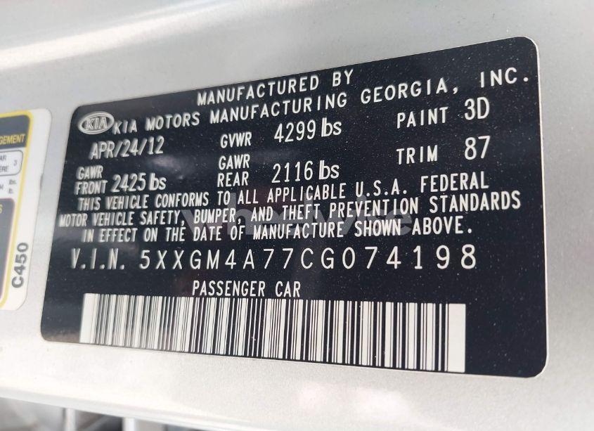 Photo 9 of 2012 Kia Optima LX (VIN 5XXGM4A77CG074198)