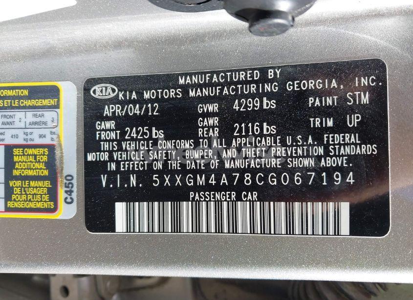Photo 9 of 2012 Kia Optima LX (VIN 5XXGM4A78CG067194)
