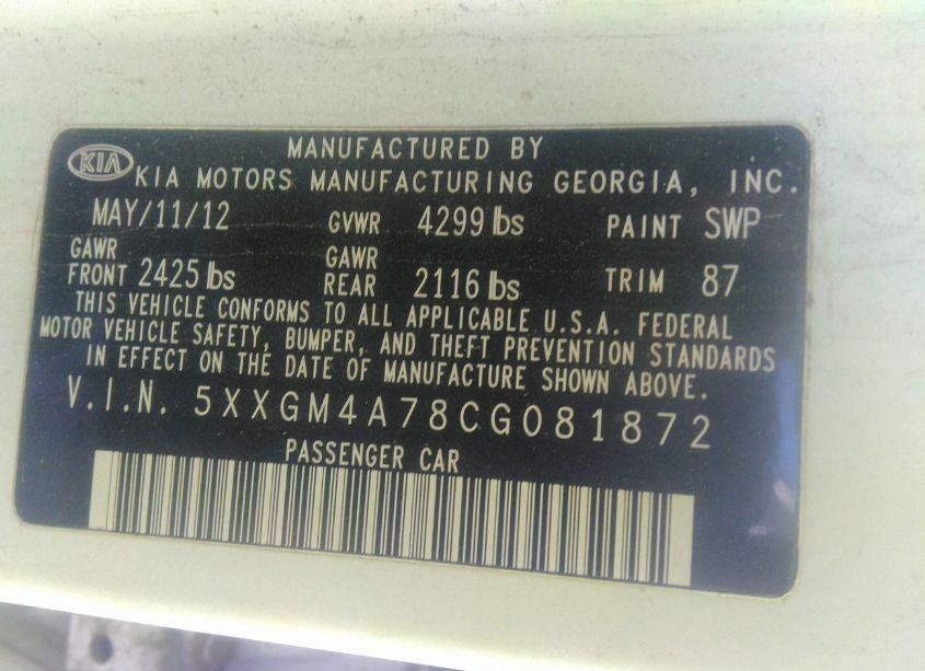 Photo 9 of 2012 Kia Optima LX (VIN 5XXGM4A78CG081872)