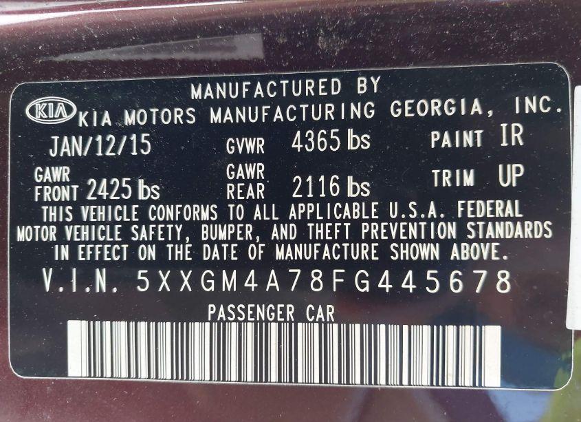 Photo 9 of 2015 Kia Optima LX (VIN 5XXGM4A78FG445678)