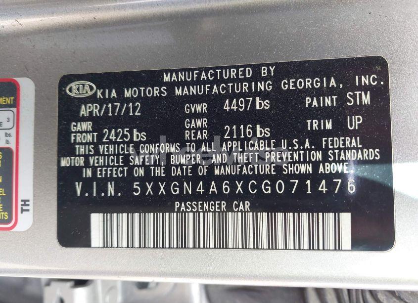 Photo 9 of 2012 Kia Optima EX TURBO (VIN 5XXGN4A6XCG071476)